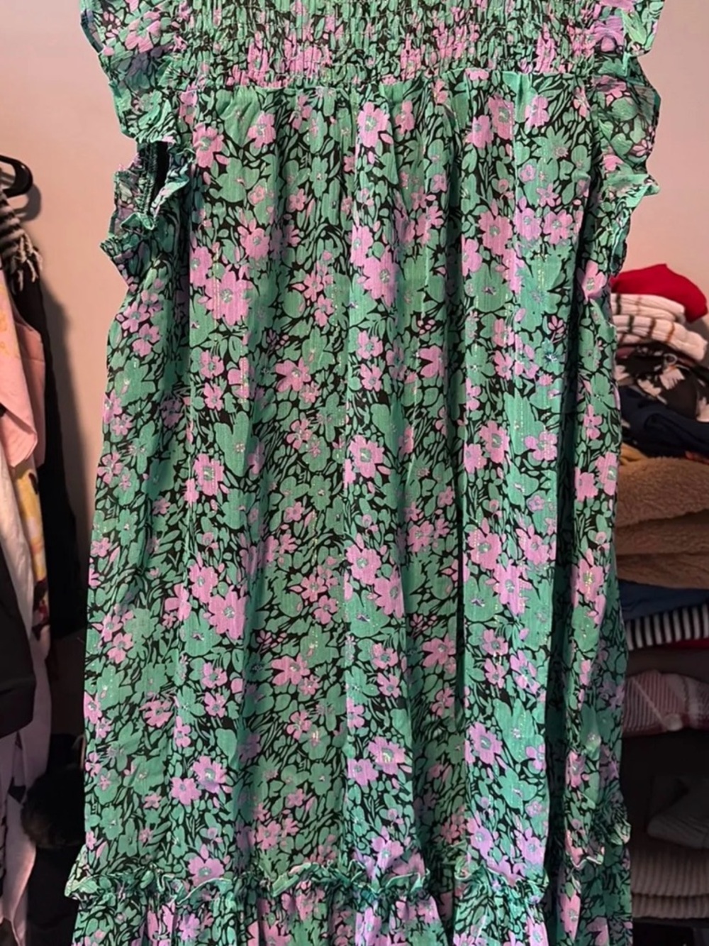 Umgee Floral Metallic Flutter Sleeve dress with Smocked Detail